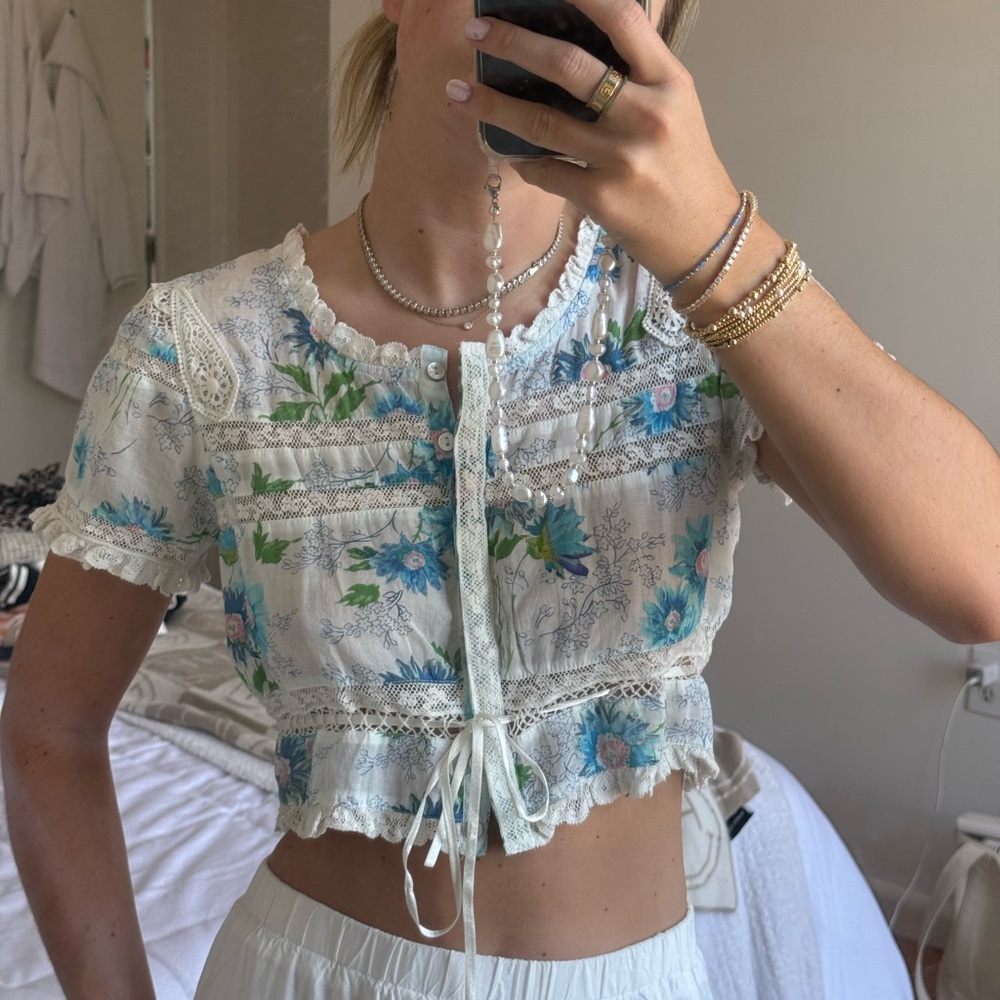 LoveShackFancy Blue Floral Lace Blouse